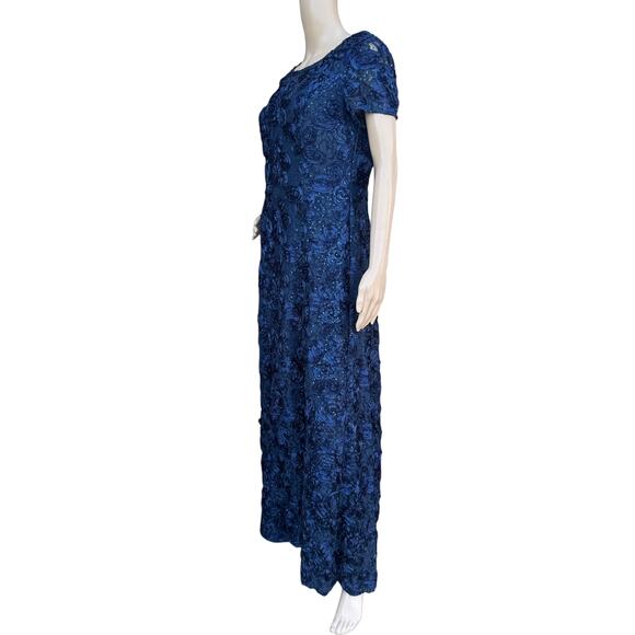 Alex Evenings Navy Blue Formal Gown 8 Textured Floral Short Sleeve Maxi Dress - Picture 4 of 7